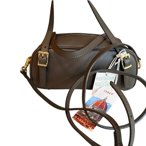 Isadora Italian Made Leather Belted Convertible Satchel Bag Olive - Picture 2 of 7